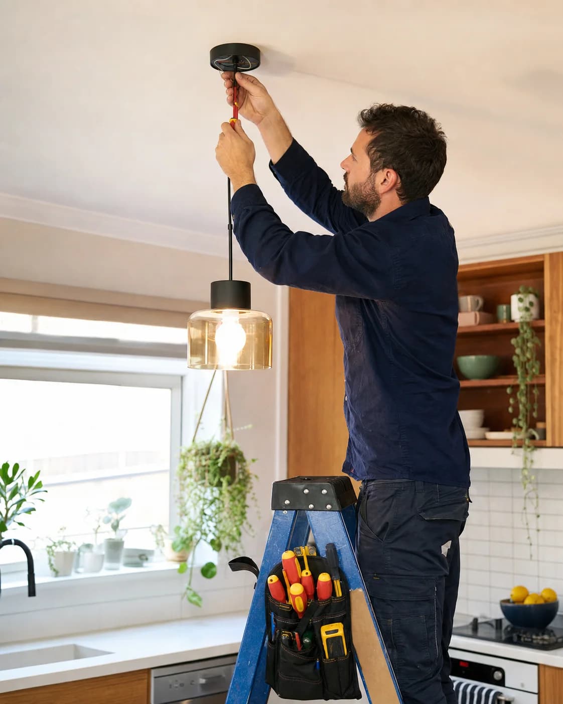 Electrician installing a pendant light in a Melbourne kitchen
